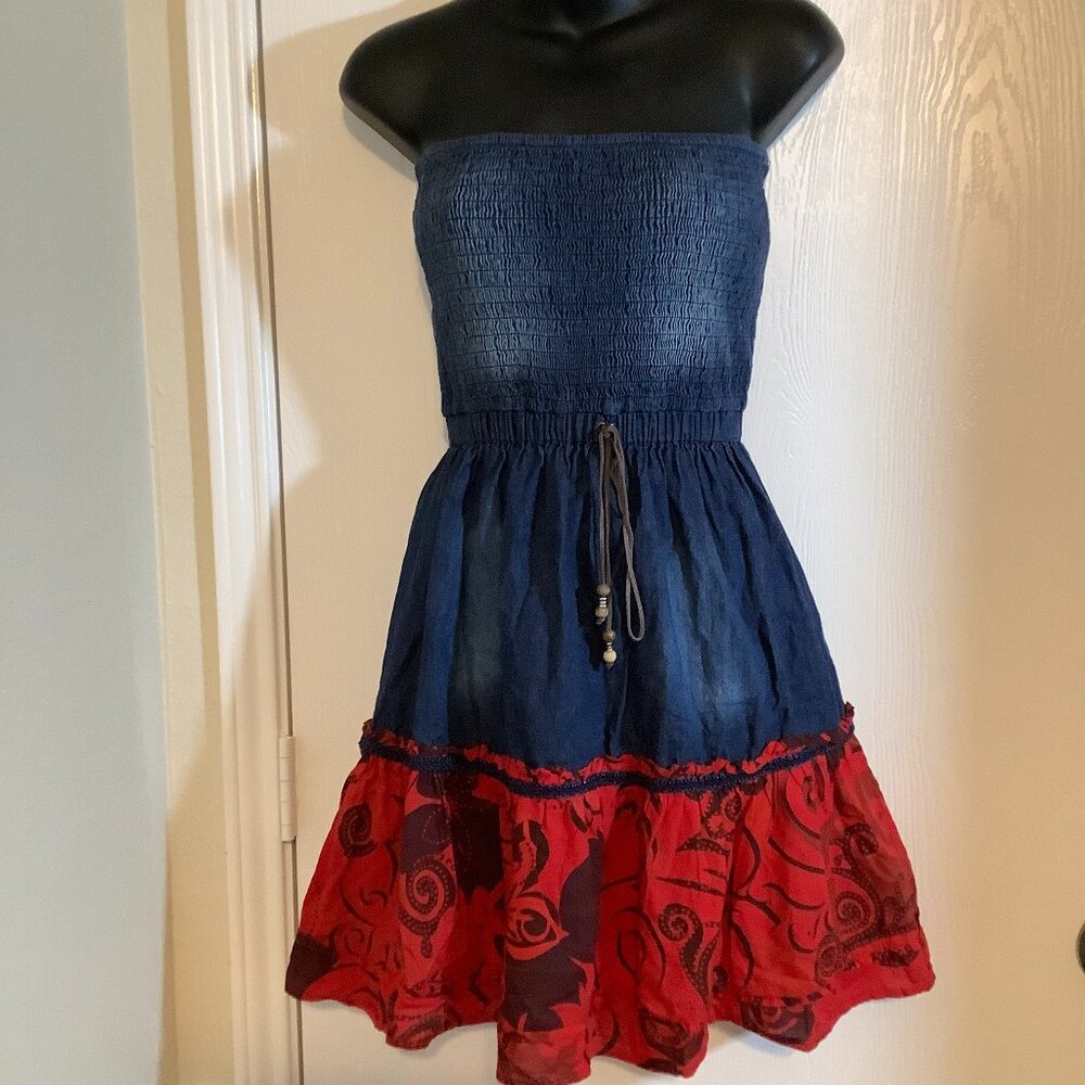 IBIS Denim Strapless Mini Dress/Shirt with Red Paisley embroidery pattern